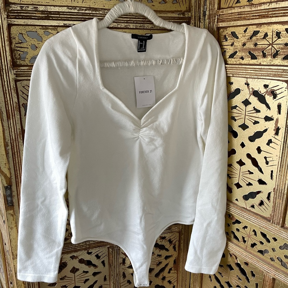 Forever 21 Cream Long-Sleeve V-Neck Bodysuit